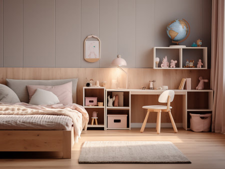 Interior of child's room with wooden bed. 3d renderingの写真素材