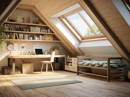 Interior of attic attic bedroom with wooden walls, wooden floor and window. 3d renderの写真素材