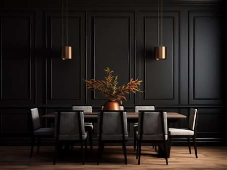 Black dining room interior with furniture and plant. 3D Renderingの写真素材