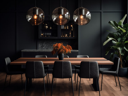Interior of modern dining room with dark walls, wooden floor, round wooden table and black chairs. 3d renderingの写真素材