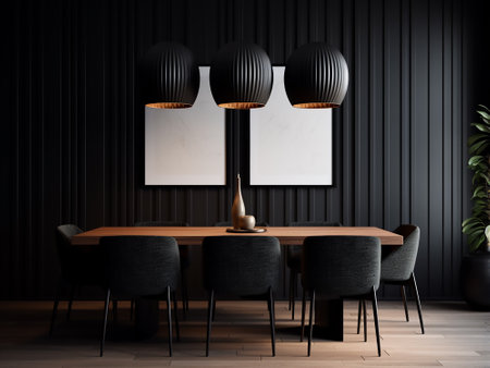 Modern dining room interior with black walls, wooden floor, round table with gray chairs and white mock up posters. 3d renderingの写真素材