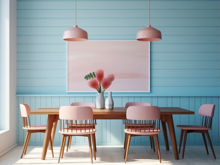 Interior of modern dining room with blue walls, wooden floor and long wooden table with pink chairs. Mock up, 3D Renderingの写真素材