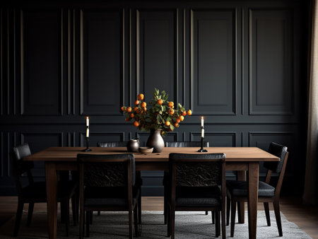 Dining room interior with black walls, classic wooden floor, round table with black chairs and tangerines. 3d renderingの写真素材