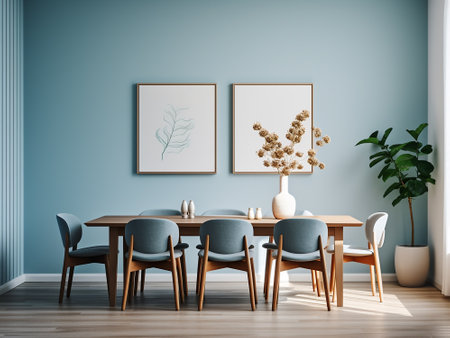 Interior of modern dining room with blue walls, wooden floor, round wooden table with blue chairs and white mock up poster frames. 3d renderingの写真素材