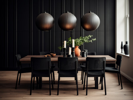 Interior of modern dining room with black wooden table and black chairsの写真素材