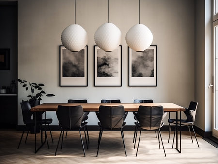 Interior of modern dining room with gray walls, wooden floor, black round tables and white chairs....