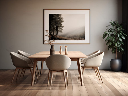 Interior of modern dining room with wooden table and chairs. 3d rendering