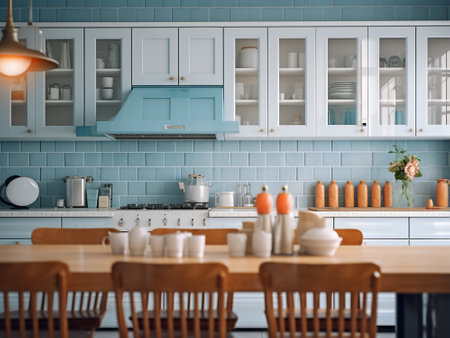 Modern kitchen interior with blue tile wall and wooden furniture. 3D Renderingの写真素材