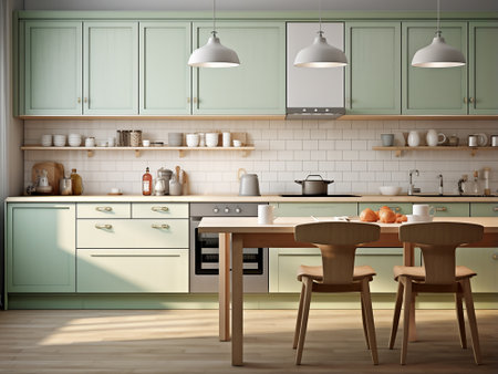 Kitchen interior with furniture. 3d rendering. Illustration.の写真素材