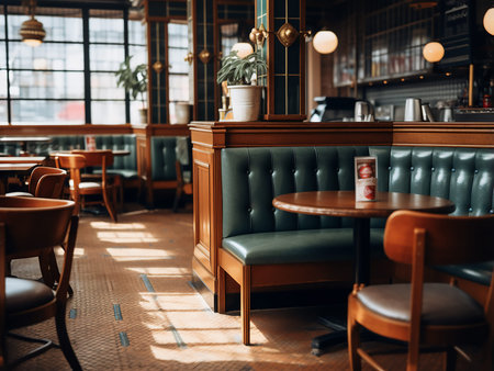 Interior of a cafe with wooden tables and chairs in vintage style