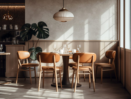 Interior of modern cafe with white walls, concrete floor, round wooden tables and orange chairs. 3d...