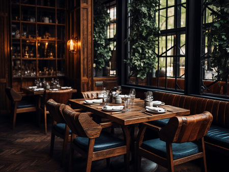 Interior of a modern restaurant with wooden tables and chairs. toning.