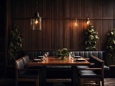 Interior of modern restaurant with dark wooden walls, wooden floor and brown wooden furniture. 3d...