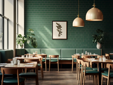 Interior of modern cafe with green brick walls, wooden floor and green chairs. 3d renderの写真素材