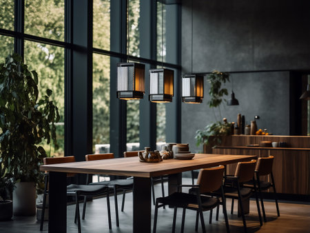 Interior of modern cafe with dark wooden walls, concrete floor, round wooden tables with beige chairs and lamps. 3d renderingの写真素材