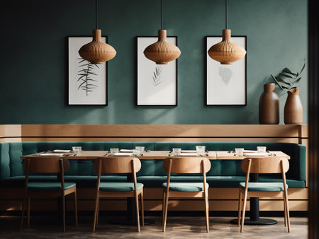 Contemporary cafe interior with empty poster frames. Mock up, 3D Renderingの写真素材