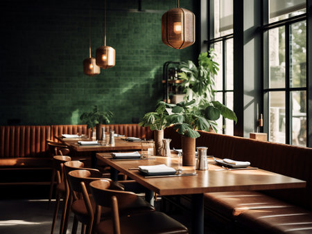 Interior of a modern restaurant with wooden tables and chairs, vintage styleの写真素材