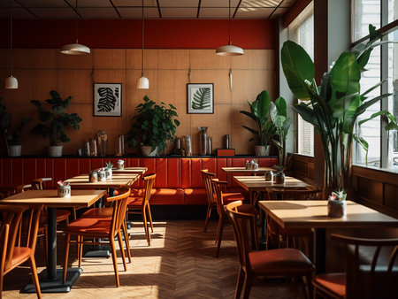 Interior of modern cafe with red walls, wooden floor and wooden tables.