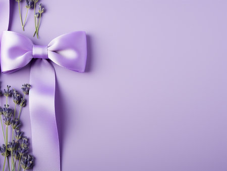 Purple bow and lavender flowers on purple background. Flat lay, top view.の写真素材