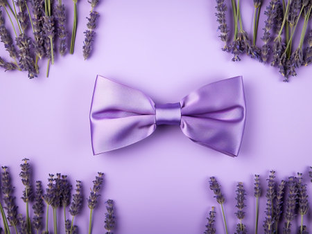 Purple bow tie and lavender flowers on purple background. Flat lay, top viewの写真素材