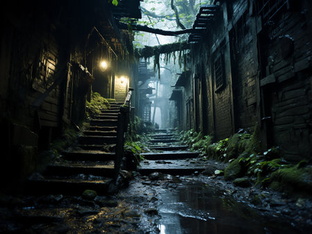 Mysterious ancient town in a foggy misty night.の写真素材