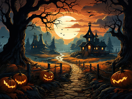 Halloween background with haunted house and pumpkins - illustration for childrenの素材