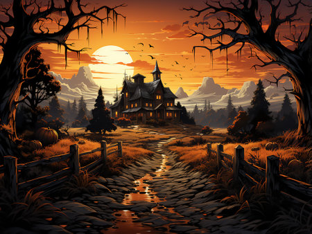 Halloween background with haunted house in the forest - illustration for childrenの素材