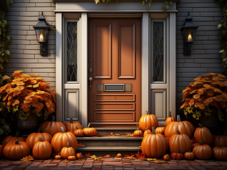 3d render of a front door with pumpkins and autumn leavesの写真素材