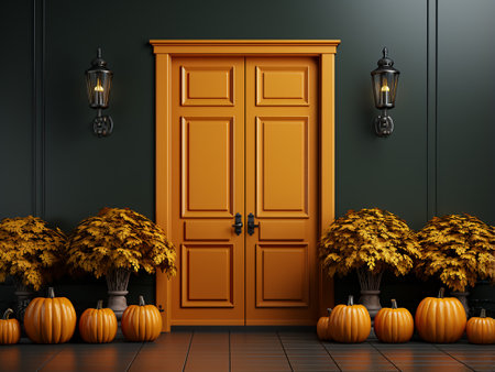 3d render of halloween door with pumpkins and leavesの写真素材
