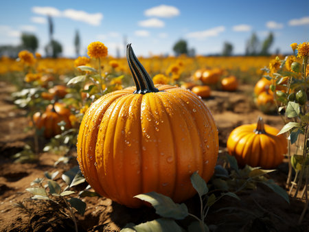 Pumpkin field on a sunny day with blue sky and cloudsの写真素材