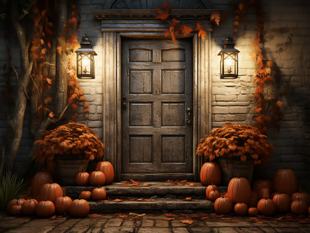 Halloween background with pumpkins and old wooden door,3d renderの写真素材