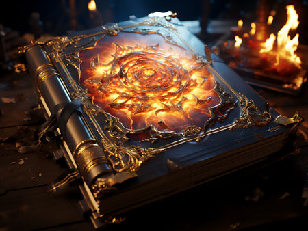 Burning magic book with rose on wooden table. Halloween concept.の素材