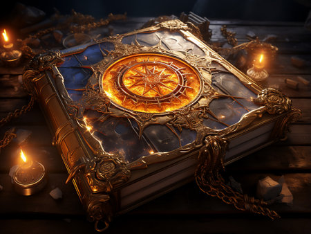 Vintage magic book on a dark background. 3d illustration.の素材