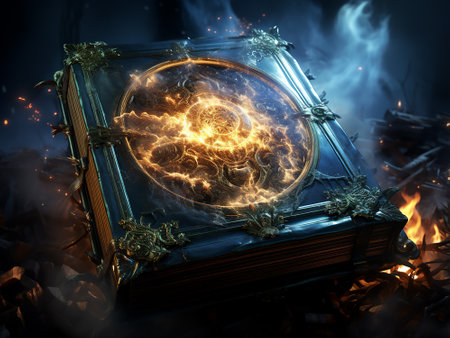 Old magic book on fire background. Halloween concept. 3D Renderingの素材