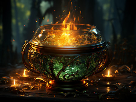 Burning candlestick in the dark forest. Halloween concept.の素材