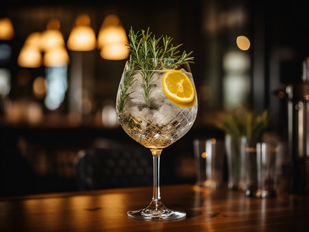 Cocktail with lemon, rosemary and ice on bar counterの素材