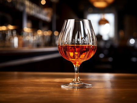 Cognac or brandy in a glass on a bar counterの素材