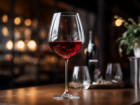 Wineglass with red wine on the bar counter in a restaurantの素材