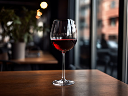 Glass of red wine on a wooden table in a restaurant, shallow depth of fieldの素材