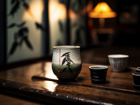 Japanese tea ceremony in a restaurant. Shallow depth of field.の素材