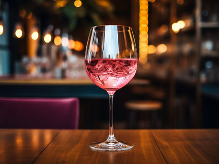 Pink wine in a glass on a wooden table in a restaurant.の素材