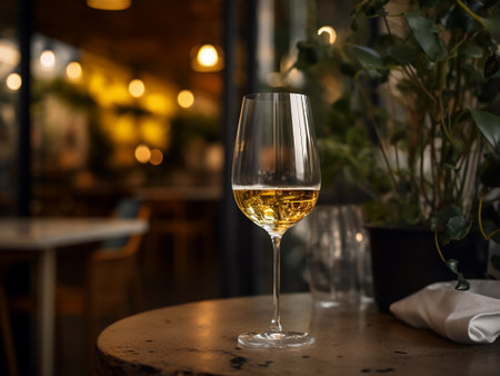A glass of white wine on a wooden table in a restaurant.の素材