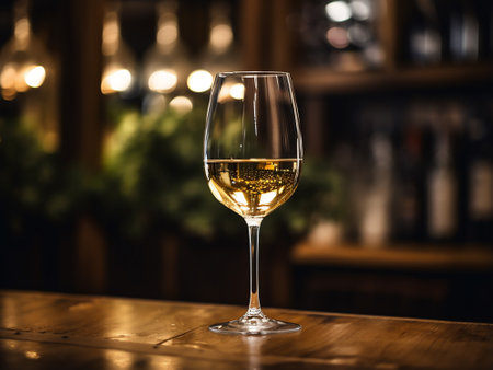 Glass of white wine on a wooden table in a pub or restaurantの素材