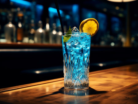 Blue cocktail with lemon and ice on bar counter in night club.の素材