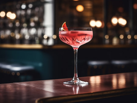 Red cocktail in a martini glass on a bar counter in a nightclubの素材