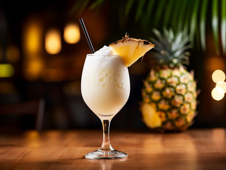 Pina colada cocktail in a tall glass with a straw on a wooden table
