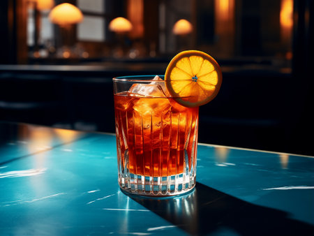 Cocktail with ice and lemon on the bar counter in barの素材
