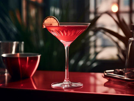 Cocktail in a martini glass with a slice of lemon on a red backgroundの素材