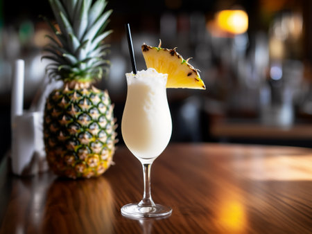 Pina colada cocktail in a tall glass on a bar counterの素材