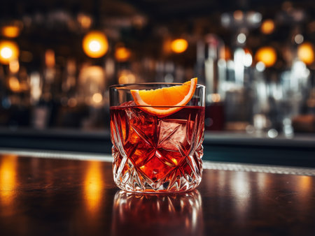 Alcoholic cocktail with orange on the bar counter in a nightclubの写真素材